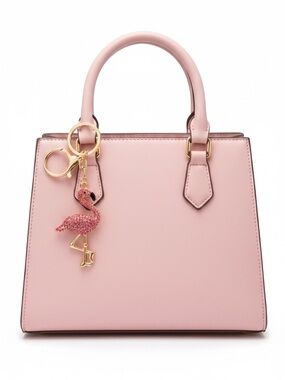Flamingo Hot Light Pink Allover Rhinestone & Gold 2.5” Keychain Bag Purse Charm